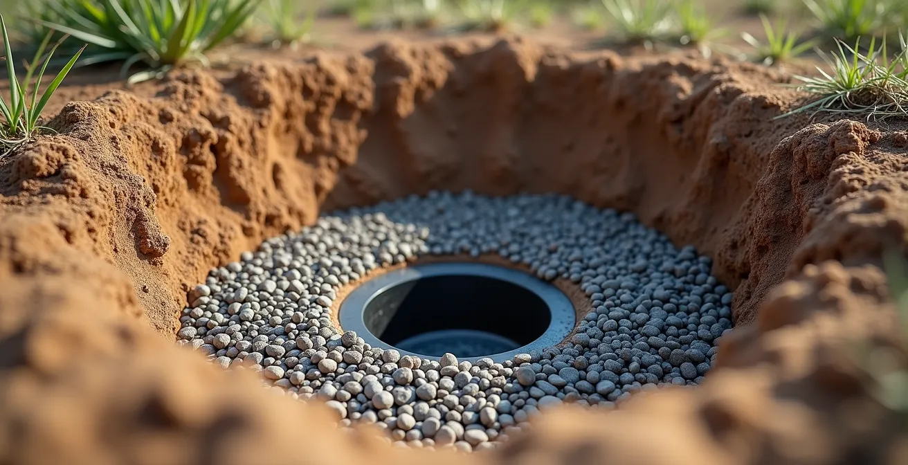 Photographie réaliste montrant l’excavation d’un puisard avec une base de gravier et préparation du site