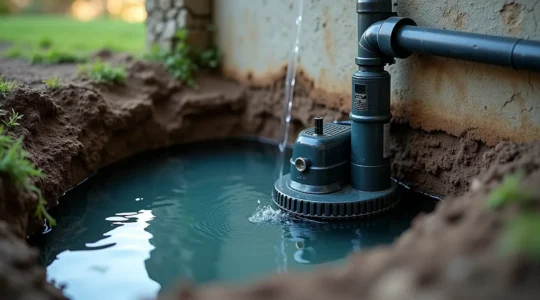 Vue réaliste en plongée d'un sous-sol avec une pompe de puisard installée dans un puisard, entourée d'eau et montrant l'évacuation vers l'extérieur