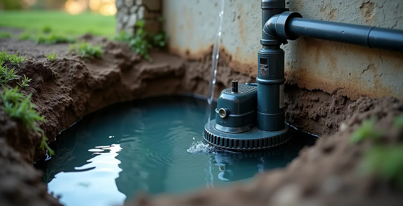 Vue réaliste en plongée d'un sous-sol avec une pompe de puisard installée dans un puisard, entourée d'eau et montrant l'évacuation vers l'extérieur