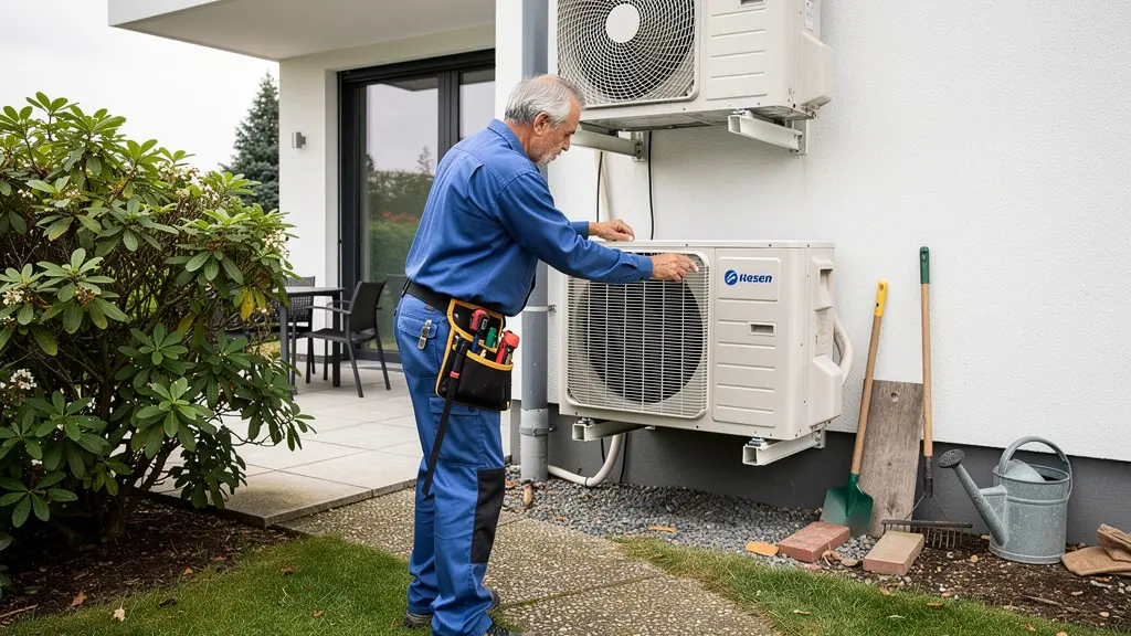 Technicien chauffagiste inspectant une pompe à chaleur dans un jardin résidentiel
