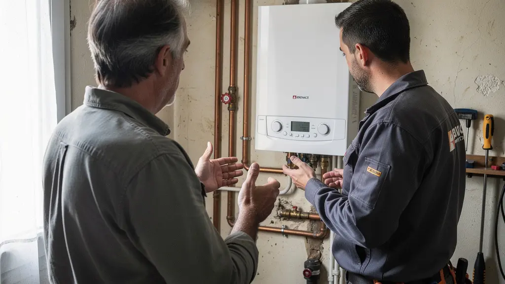 Propriétaire discutant avec un chauffagiste dans une chaufferie résidentielle
