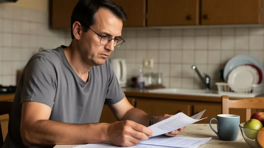 Particulier examinant des devis de chauffage à sa table de cuisine